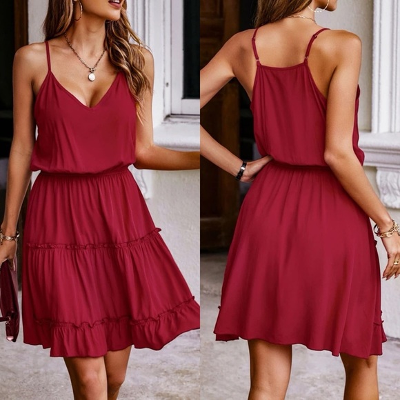 Boho v neck dress ruffle tiered cami strap racerback dusty pink - Picture 3 of 5